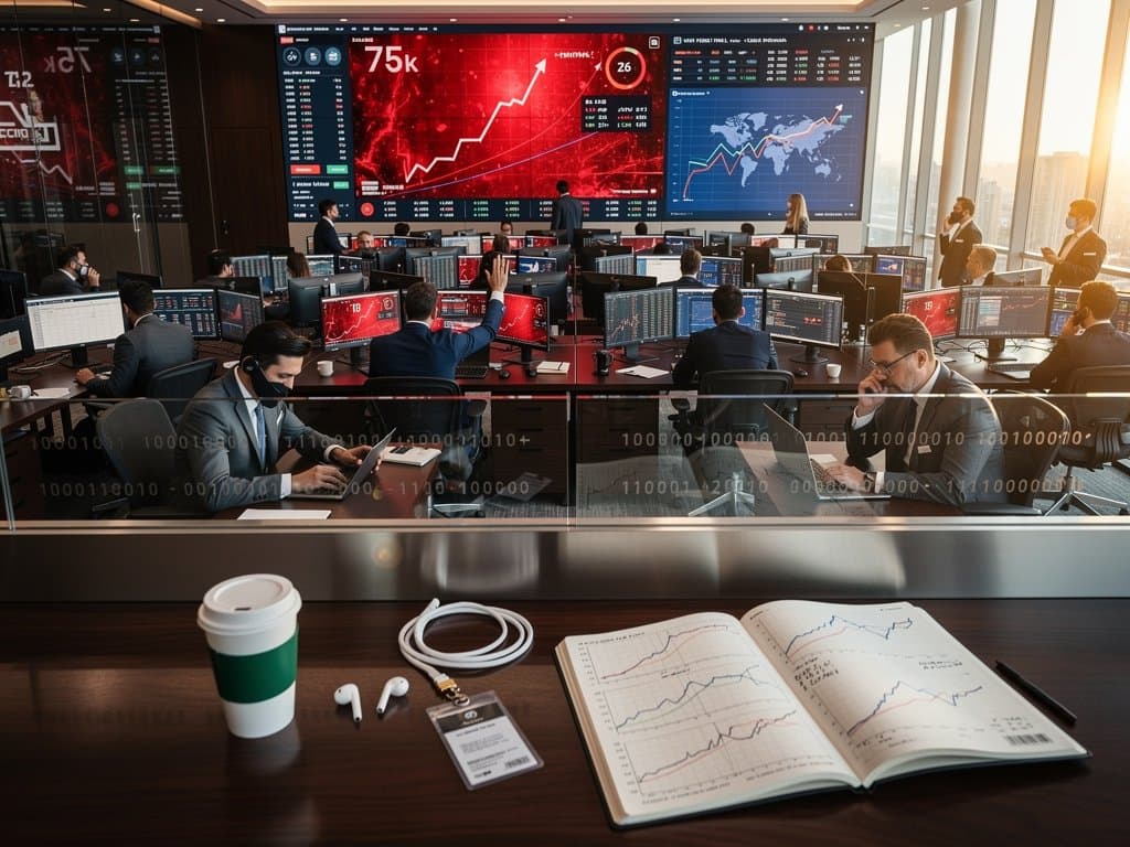 Traders monitor red crypto charts, Fear & Greed Index at 26, and Opus inflation metrics on multi-monitor setups