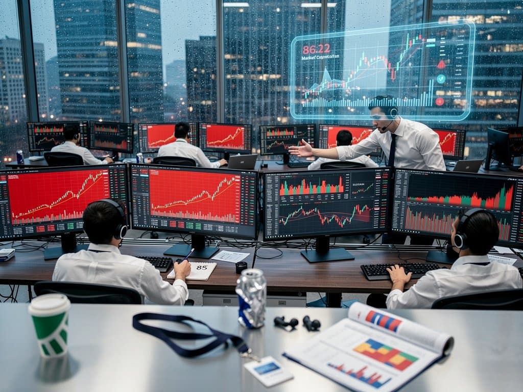 Trading floor screens show Solana price drop to $86.22 USD amid crypto sell-off