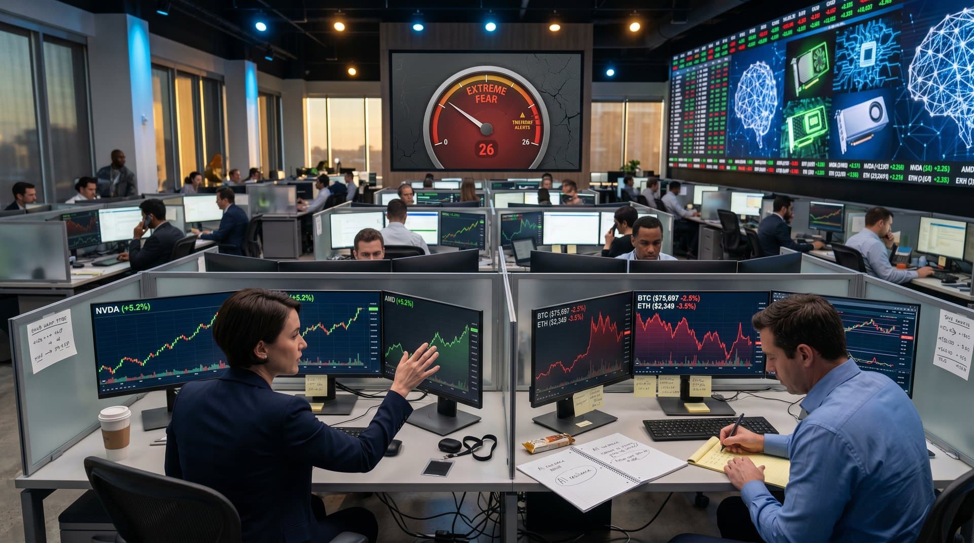 Digital charts showing AI stocks rising amid crypto Fear & Greed Index at 26 and Bitcoin decline