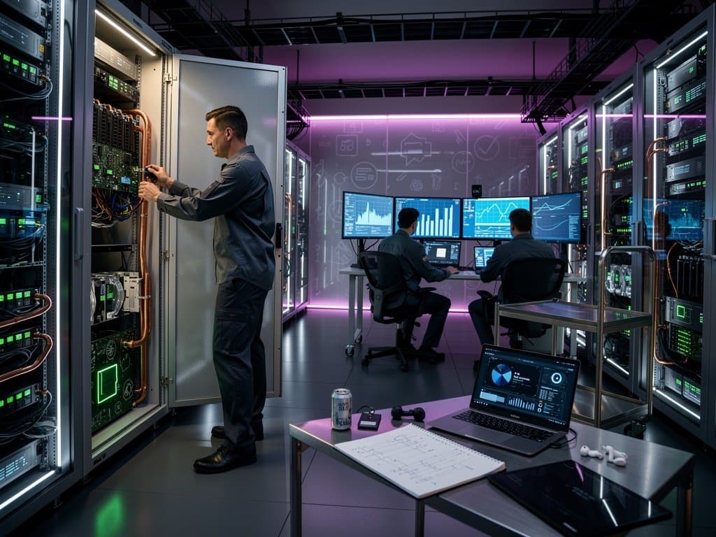 Postgres servers in Tier IV data center with glowing racks, fiber cables, and metrics displays under LED lights