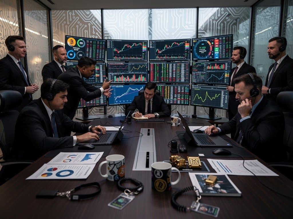 Trading floor with Bloomberg terminals showing Bitcoin at $75K, Fear & Greed Index at 27, crypto charts, modern financial office scene