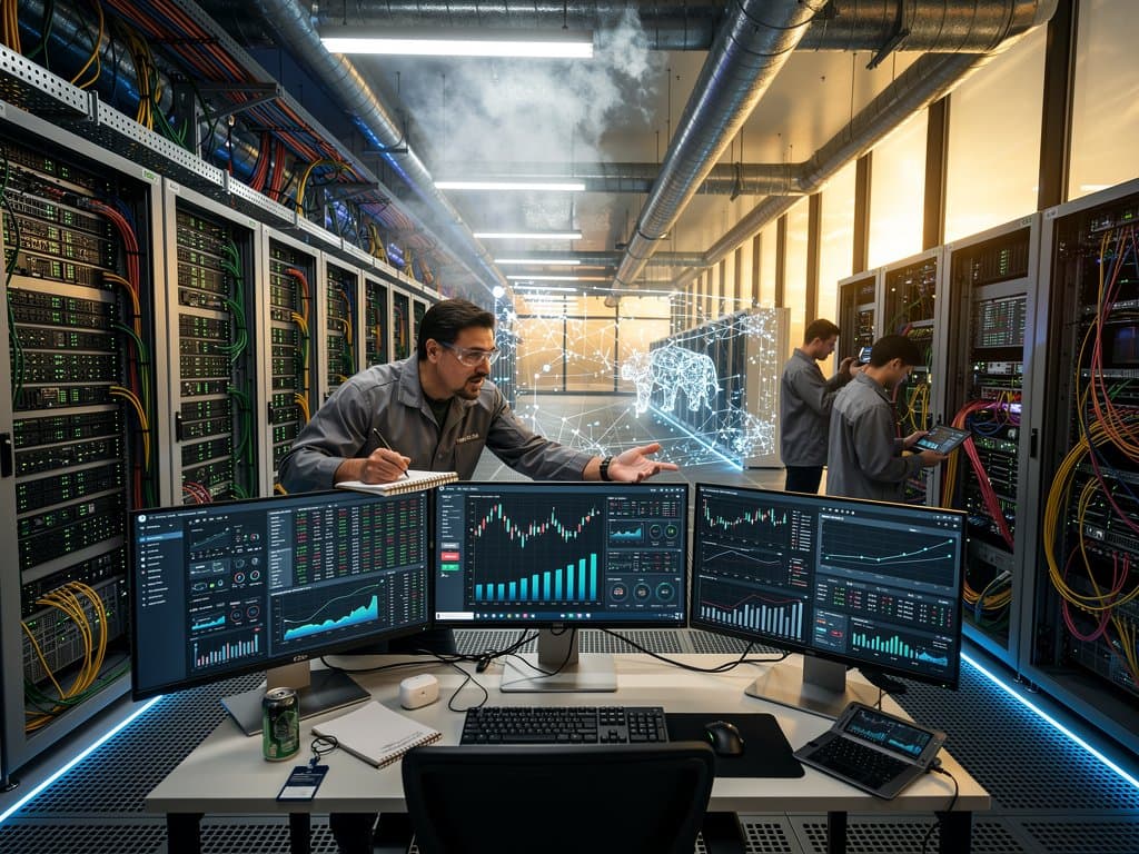 Data center server racks and consoles displaying PostgreSQL WAL receiver metrics and crypto charts