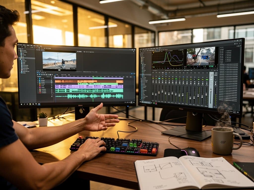 Modern open-source developer workspace with Kdenlive 25.08.0 interface on dual curved monitors, audio waveforms, and editing tools