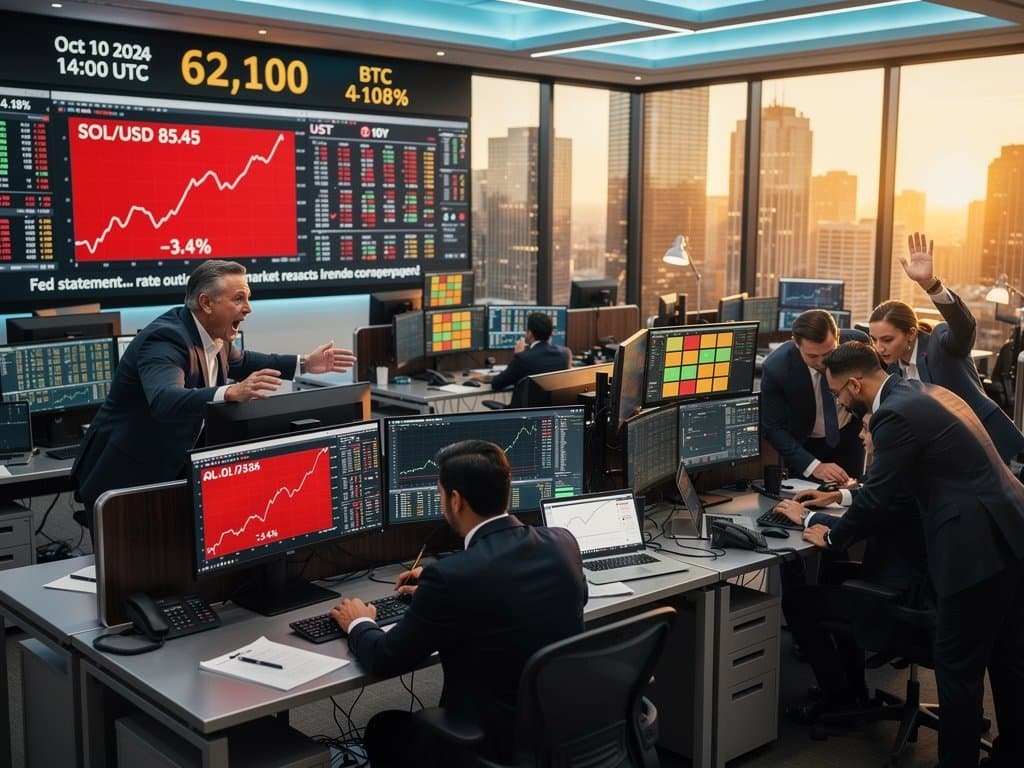 Trading floor screens show Solana price at $85.45 declining amid interest rate charts and market data discussions