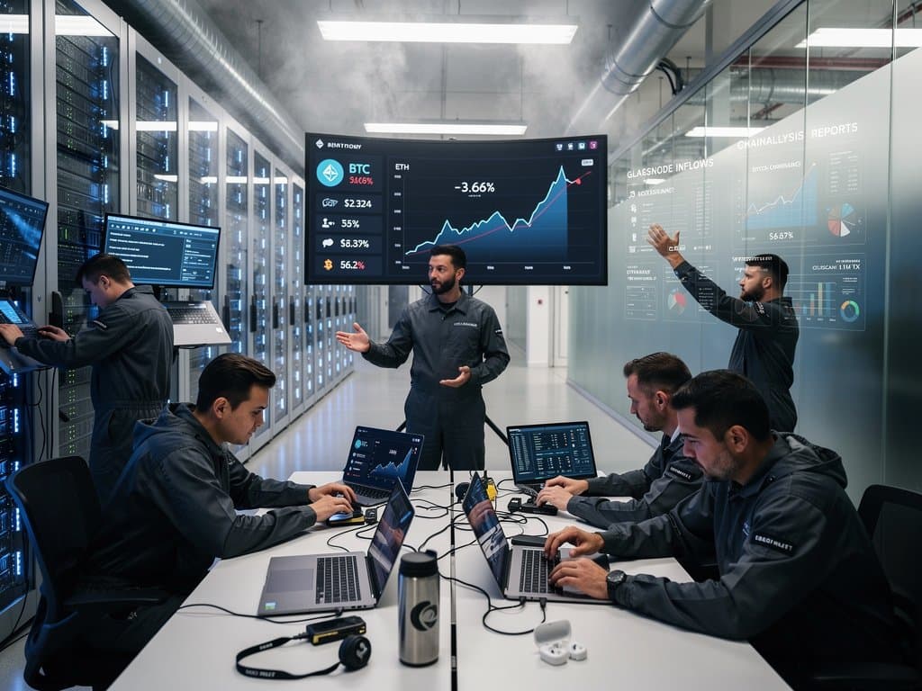 Technicians monitor Ethereum price drop to $2324 and cybersecurity alerts in high-security data center with glowing servers and analytics displays