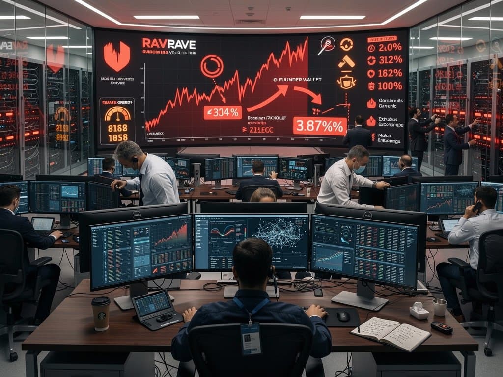 Digital chart of RAVE cryptocurrency plunge amid blockchain dumps and market fear indicators in data center setting