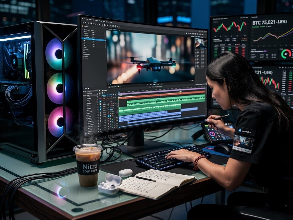 Video editing timeline with proxy clips and GPU effects on dark monitor in tech workspace