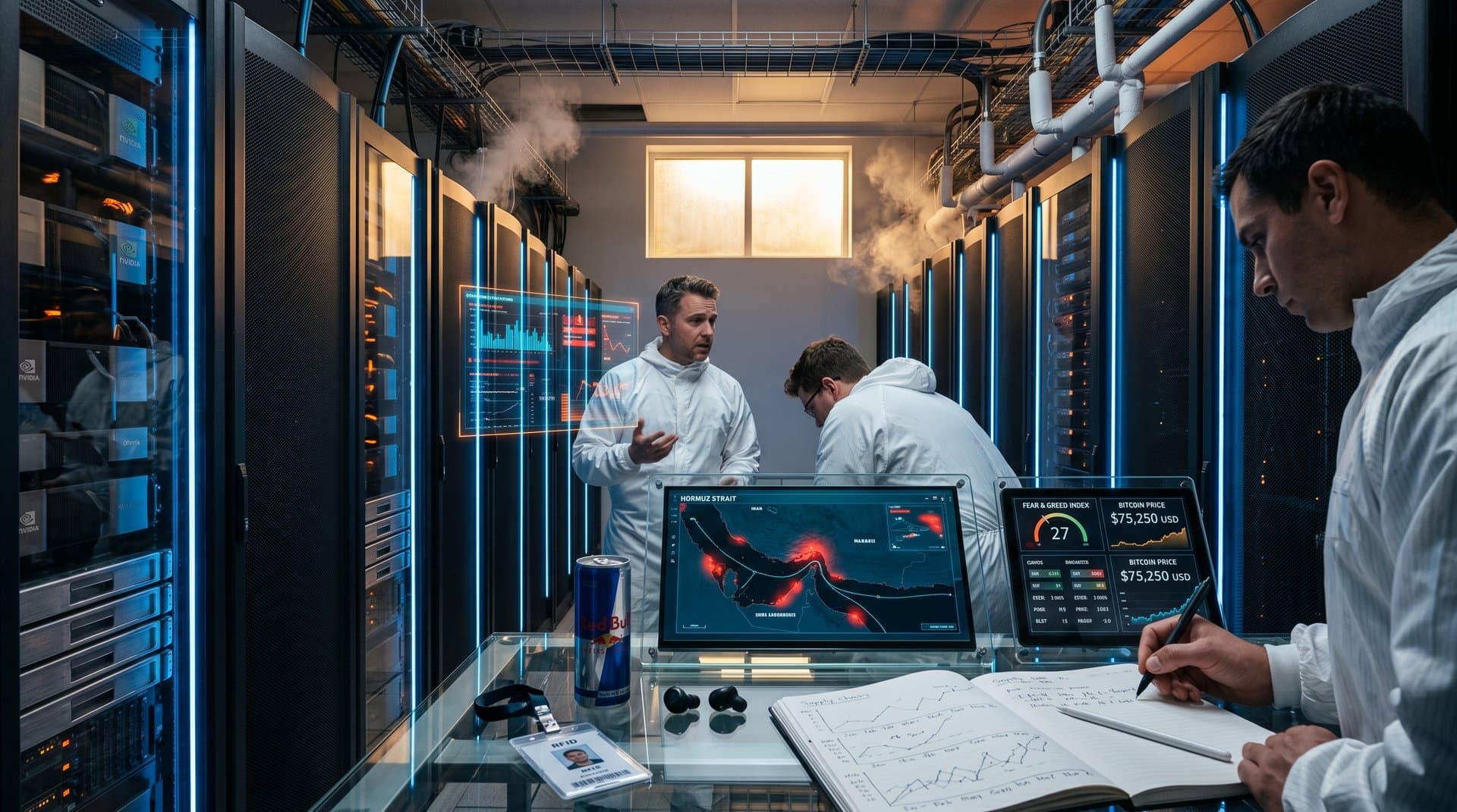 High-tech data center with GPU servers, cooling systems, and alerts on helium supply disruptions amid Hormuz tensions