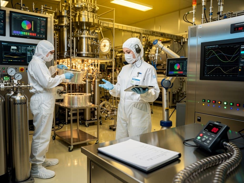 Technicians in bunny suits calibrate helium manifolds and EUV tools in busy TSMC cleanroom amid advanced chip production equipment
