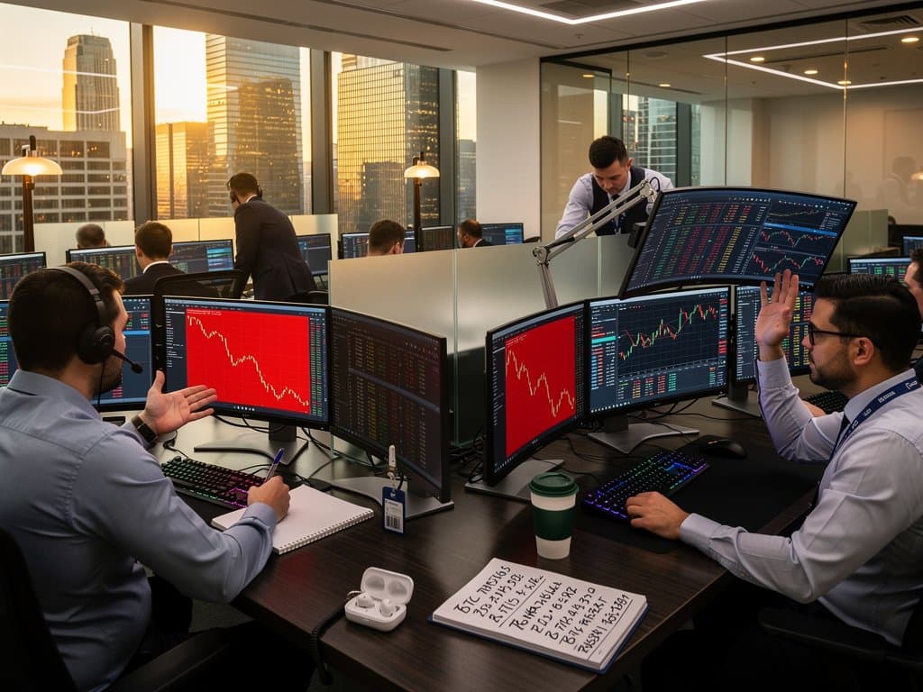 Trading floor screens show BTC at $75,714 USD, Fear & Greed at 27, crypto charts in professional setup