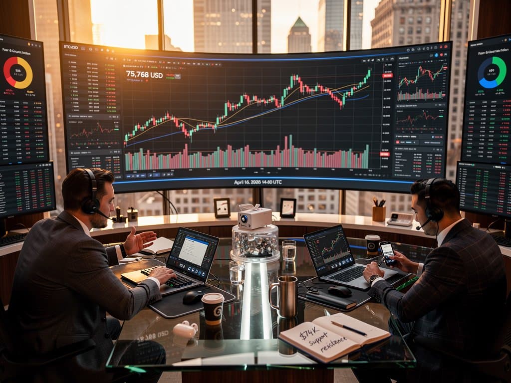 Trading desk monitors display Bitcoin at $75,768 USD and Fear & Greed Index 27 amid analysts reviewing charts