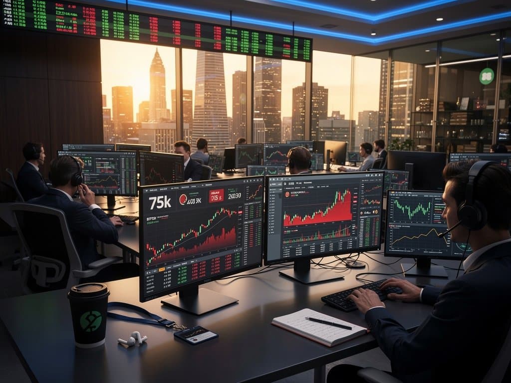 Trading screens displaying Bitcoin under $80,000 at $75,143 and Fear & Greed Index at 27 in a high-tech office environment