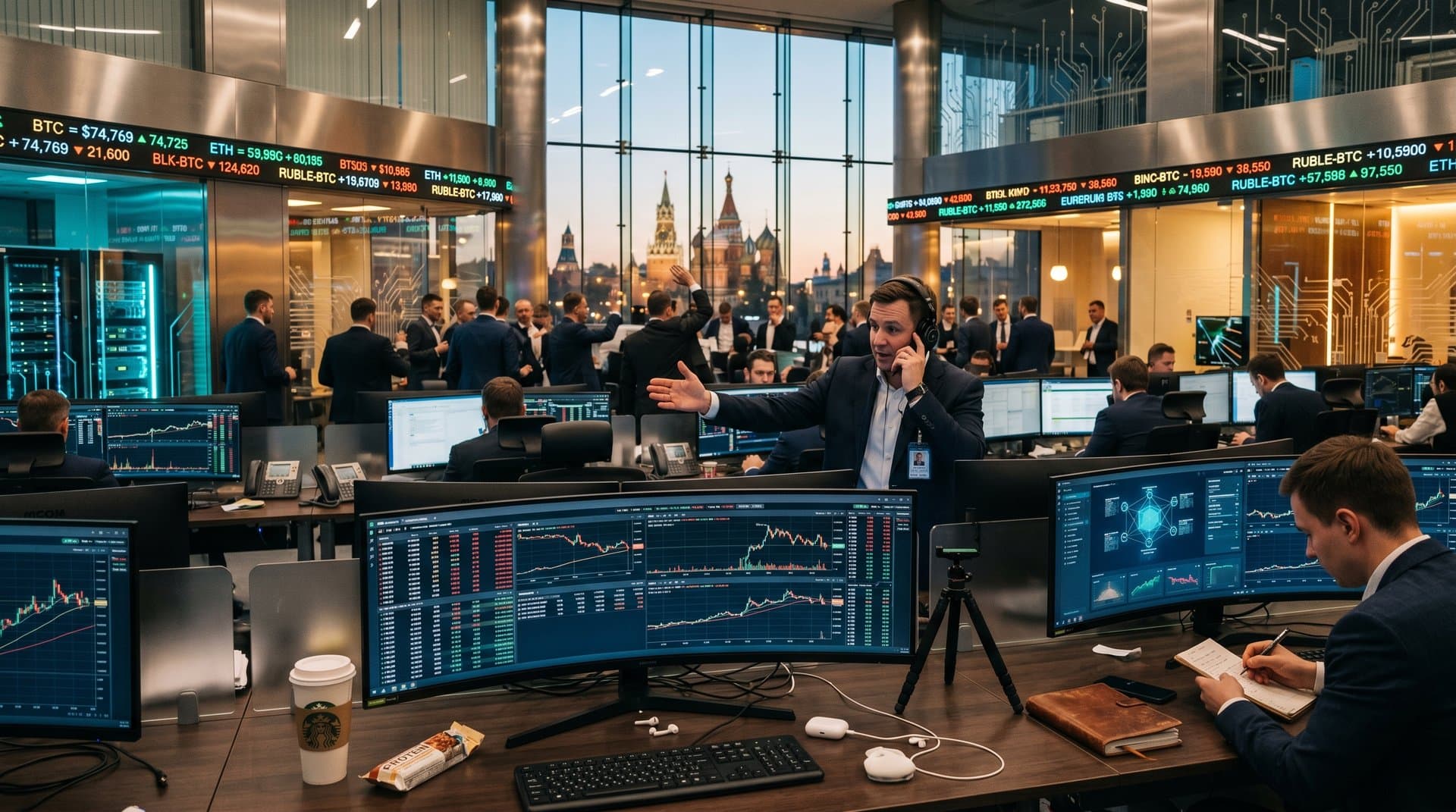 High-tech Moscow trading floor with Bitcoin charts, blockchain visuals, ruble pairs, and crypto tickers in professional bank setting