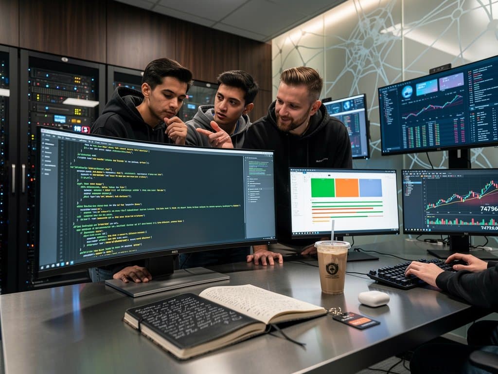 Claude 4.7 system prompt code on screens with crypto charts in tech office
