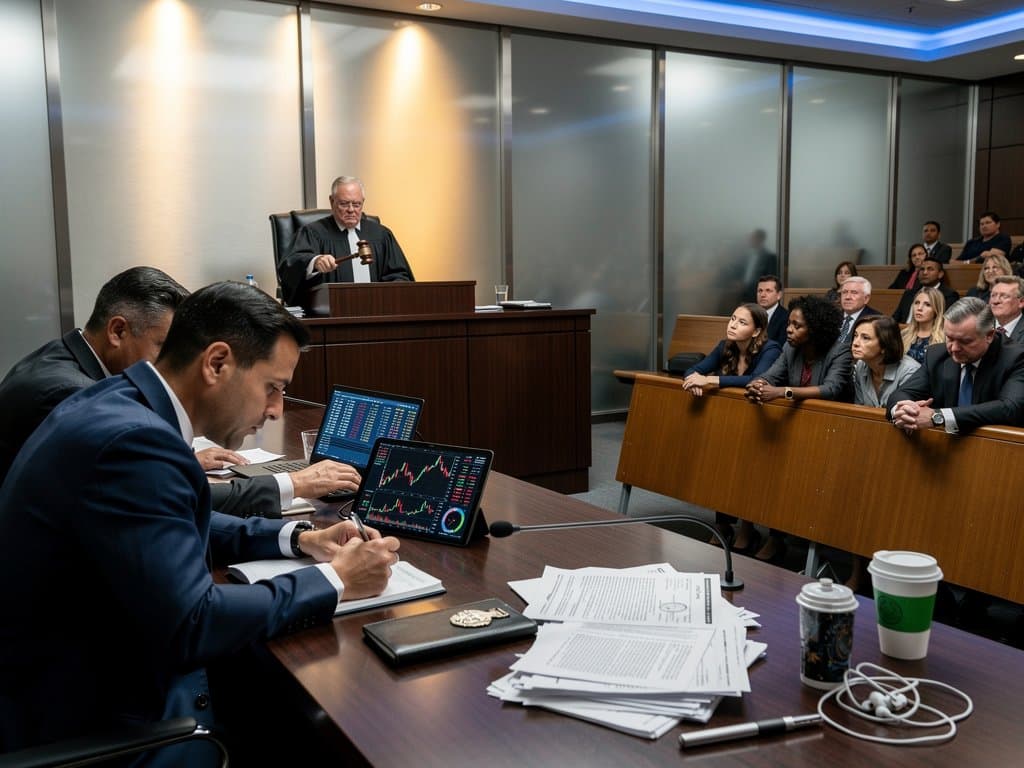 Indictment documents, AI circuits, and declining crypto charts symbolizing AI startup fraud charges