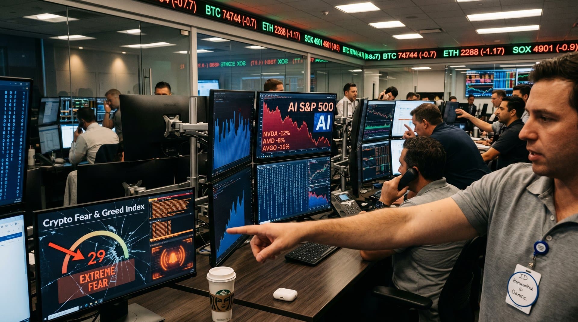 Abstract chart of AI stocks correction with Fear & Greed at 29, neural networks and crypto tickers
