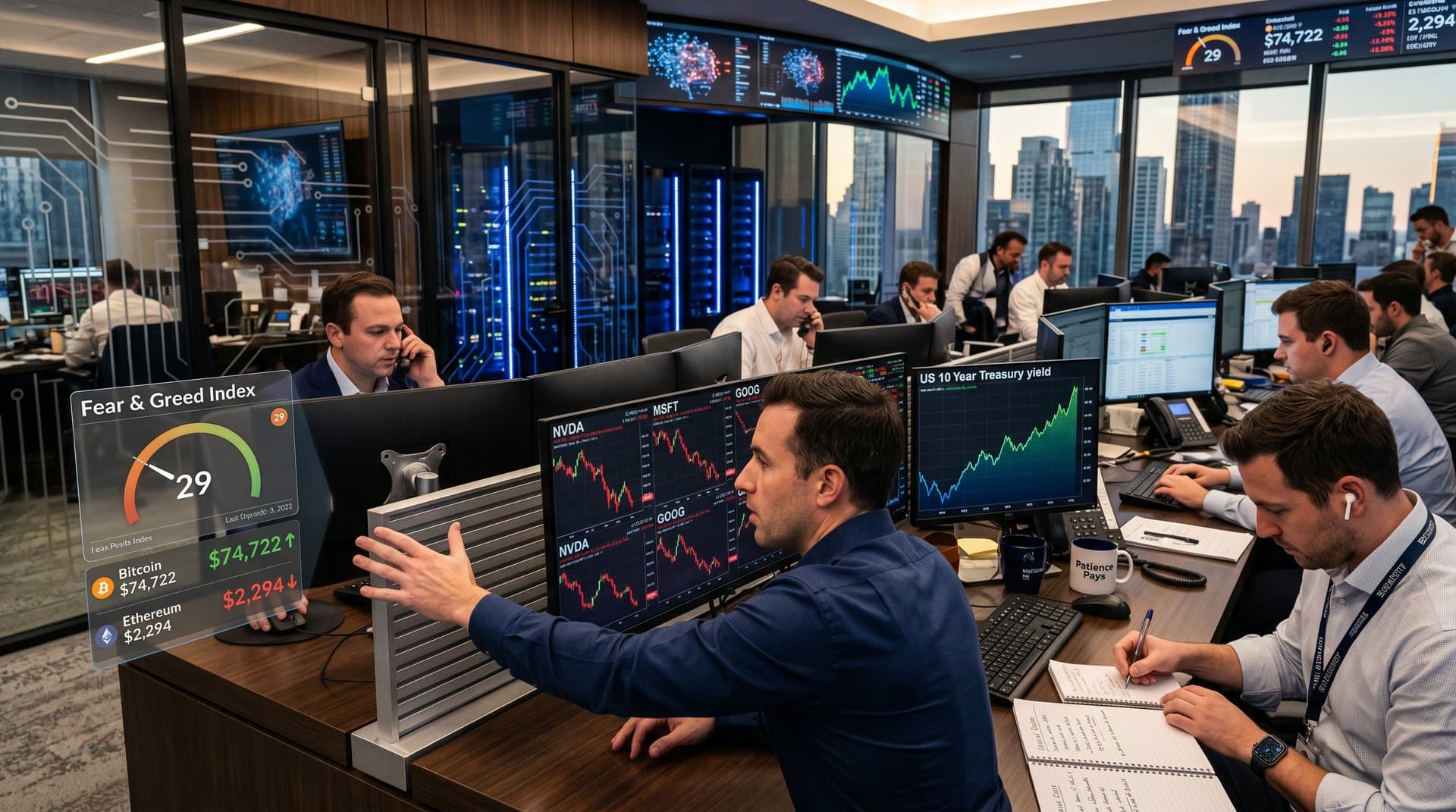 Modern trading desk showing AI stocks charts and Fear & Greed Index during correction