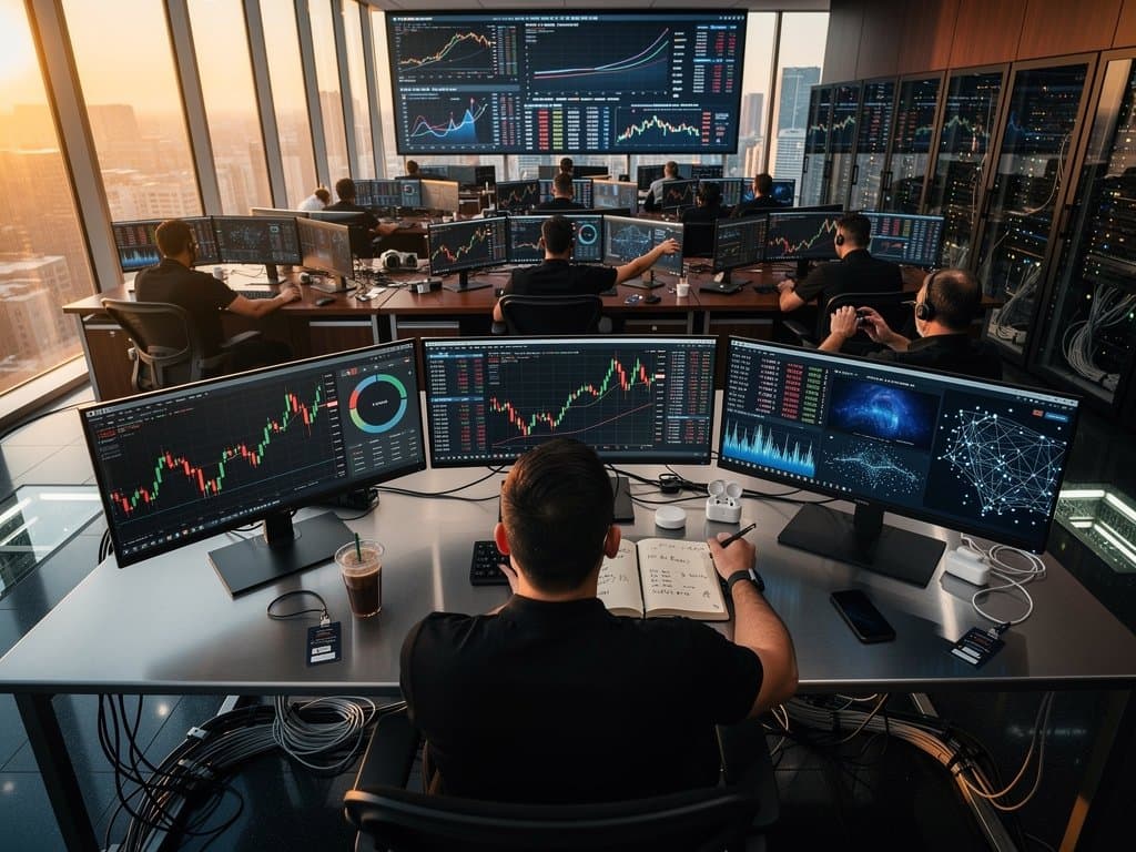 Trading screens show BTC at $75,158 USD, Fear Index 29, crypto stocks amid halving data