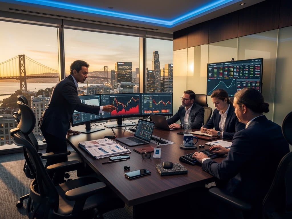 Salesforce boardroom with CRM dashboards, market charts, and San Francisco skyline view