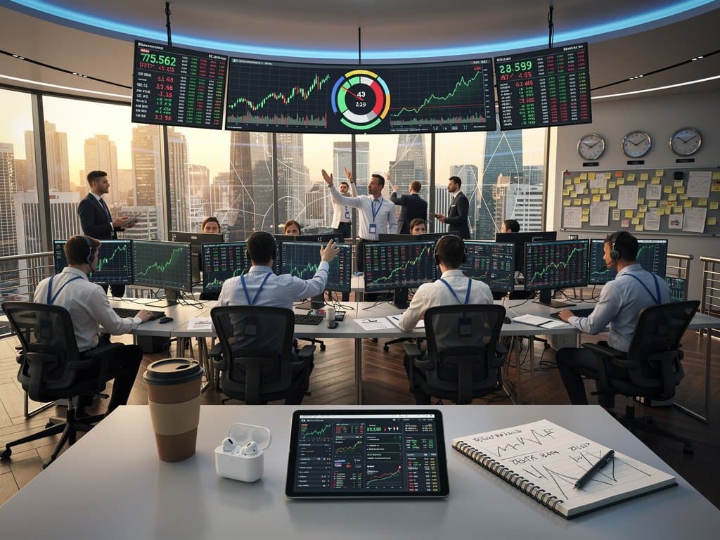 Trading floor screens track BTC at $75K, ETH, Fear & Greed Index at 29 with city skyline