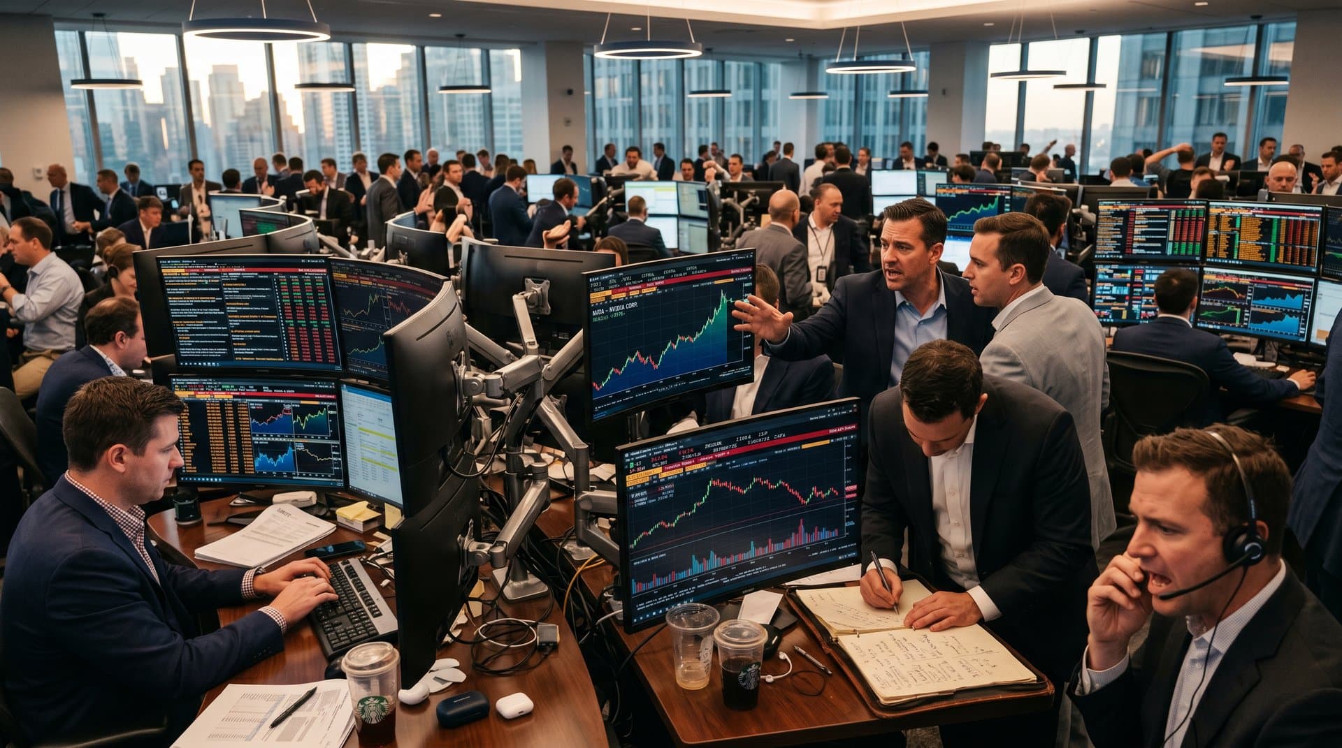 Trading floor terminals displaying AI stocks and crypto charts like Bitcoin and Ethereum amid market data glow