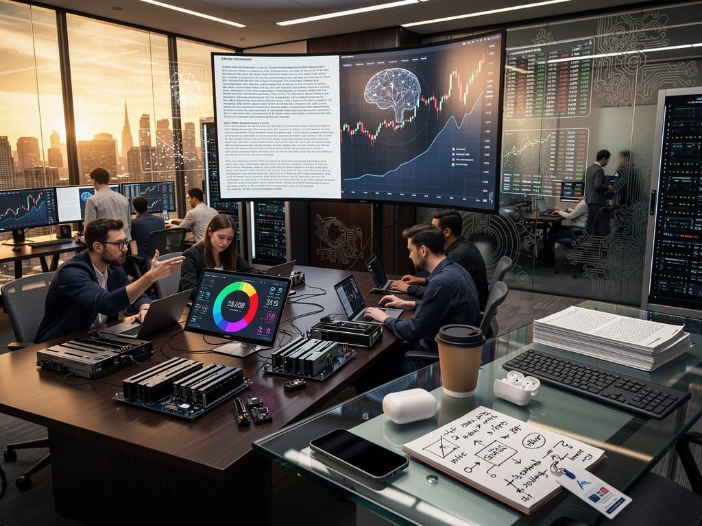 AI startup office screen showing SEC 8-K filing and Bitcoin chart at $76K with market data and GPU elements