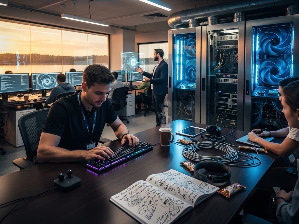 High-tech AI lab with server racks, multi-monitors displaying neural networks, glowing GPUs, and innovative workspace elements overlooking a river