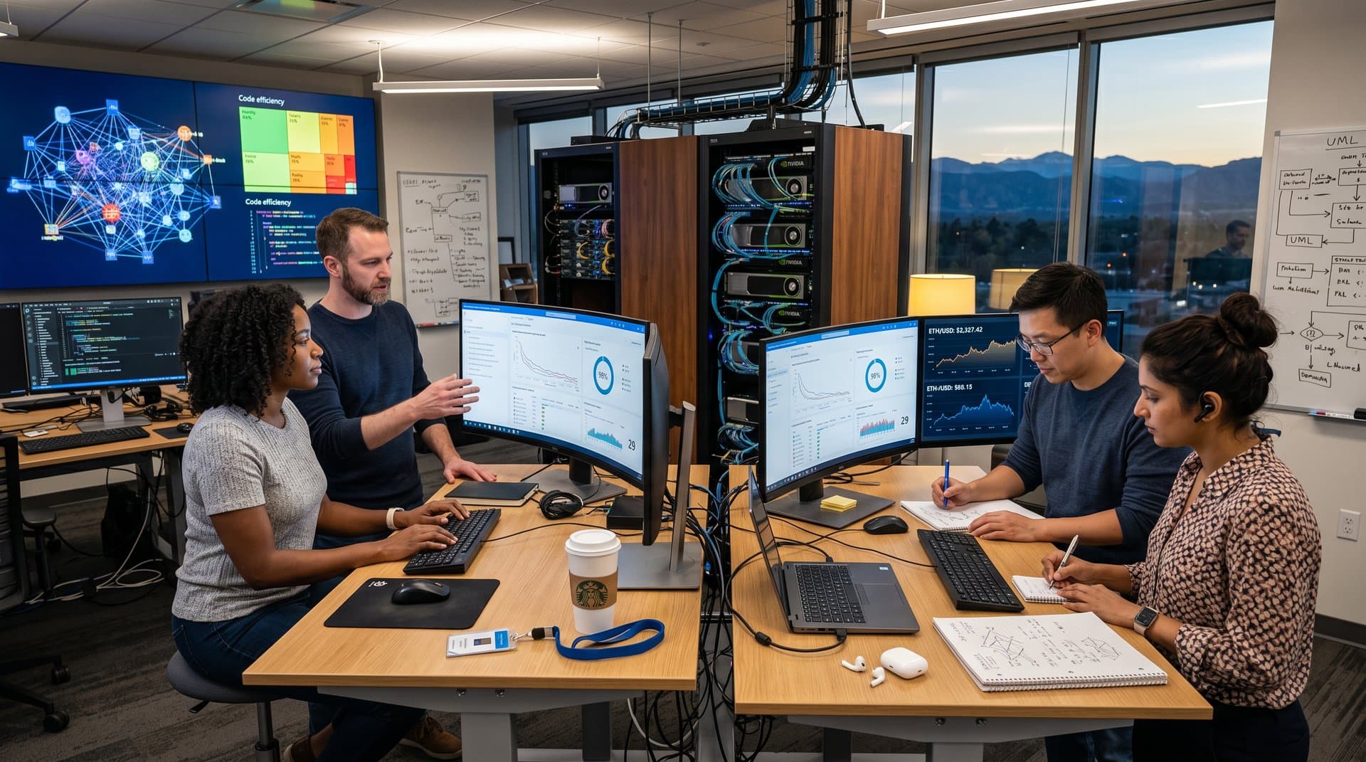 Engineers collaborate at monitors and video wall in bustling Microsoft AI lab with servers, desks, and mountain views