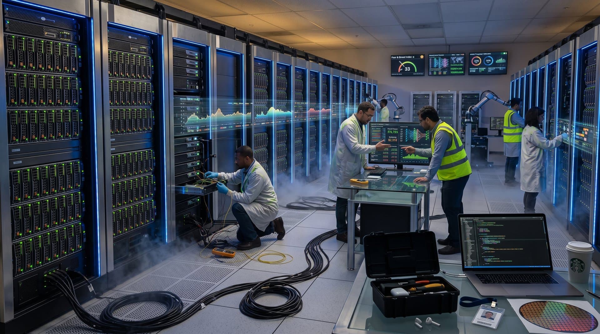 Technician services Nvidia GPU server in Tier IV data center amid racks, engineers at consoles reviewing AI and crypto charts, LED lights and cooling systems active