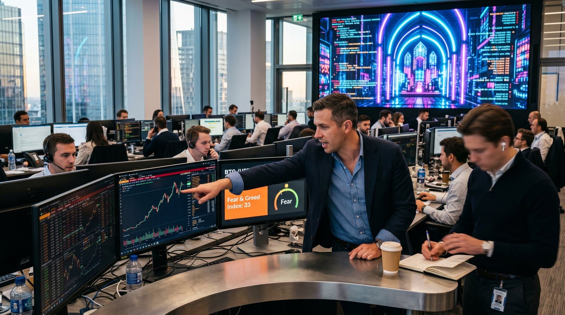 Abstract holographic Bible merging with AI neural networks and Bitcoin charts in a cyberpunk metaverse church