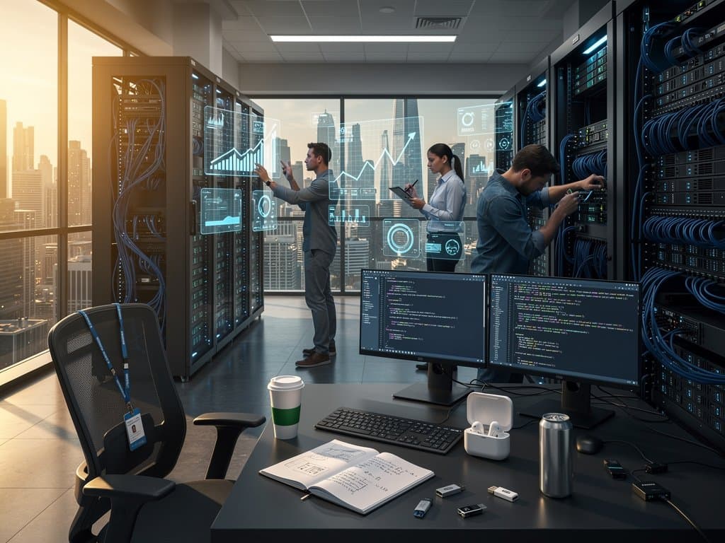 Researchers analyzing AI model charts on multi-monitor setups in a modern Microsoft lab with glass walls and server racks