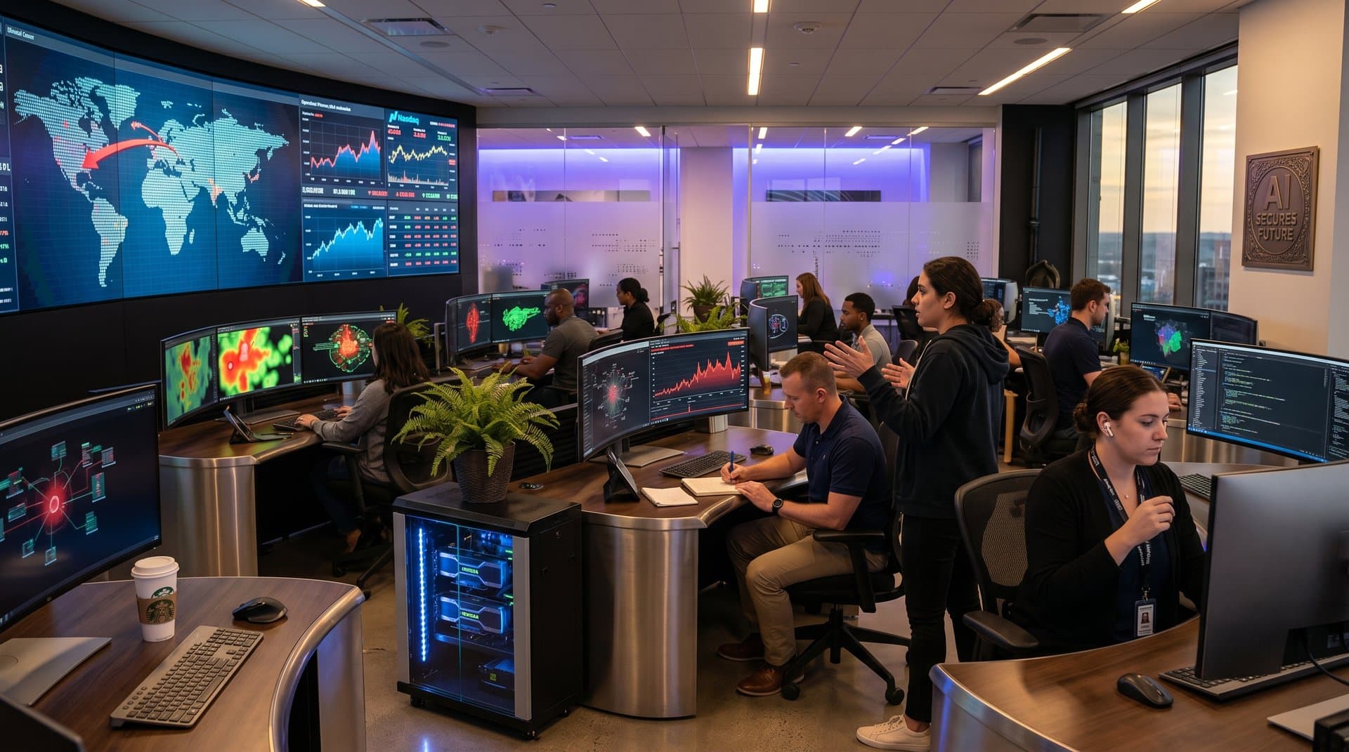 Cybersecurity operations center with multi-monitor desks, AI threat maps, glowing servers, video wall tracking global threats, modern team environment (98 characters)